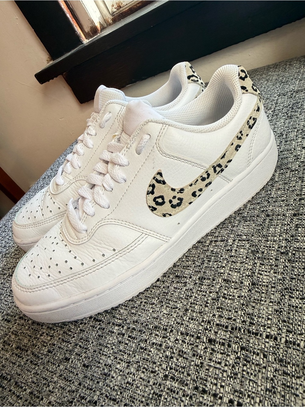 Nike Women’s White Sneakers with Leopard-Print Swoosh
